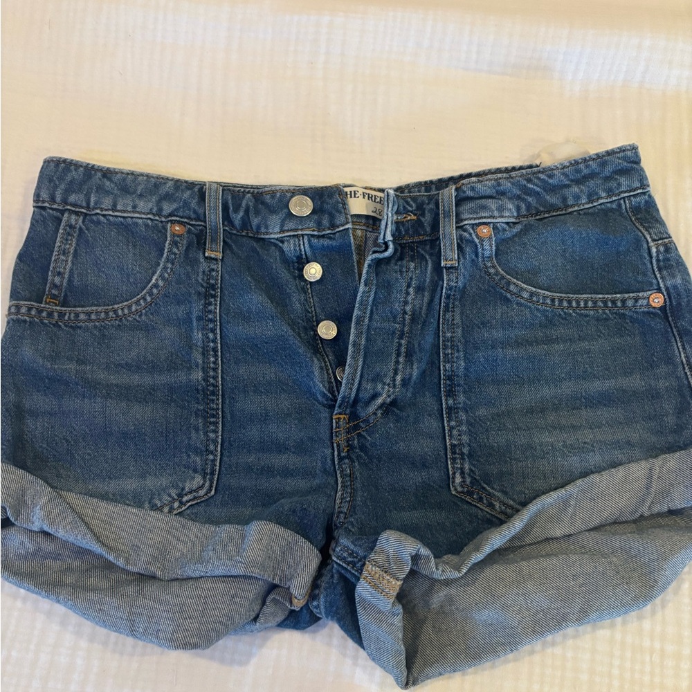 Free People Blue Jean Shorts with High Waist and Cuffed Hem